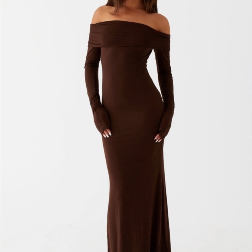 Peppermayo Off-Shoulder Long Sleeve Brown Dress